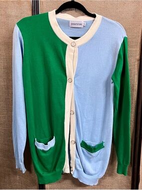 OXKNITSTORE Color Block Green & Light Blue Cardigan Sweater Buttons Pockets